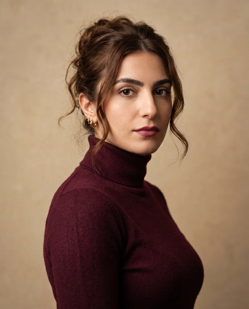 Portrait of Lilit, a woman in a burgundy turtleneck