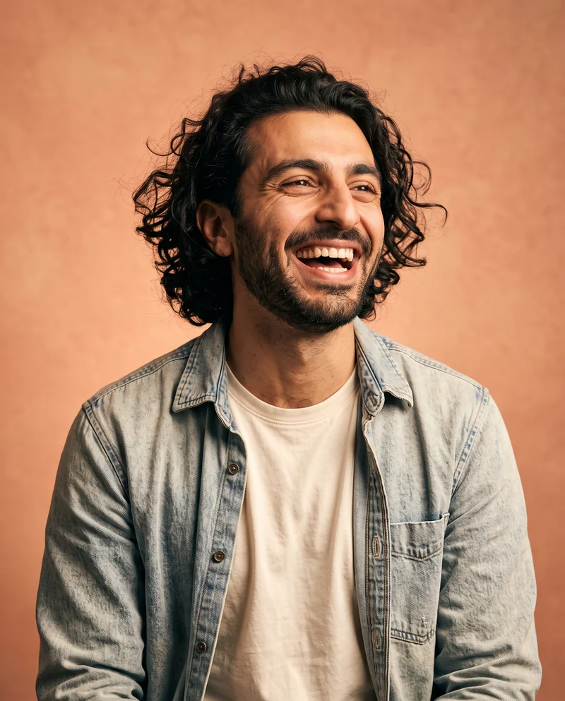 Portrait of Tigran, a man laughing in a denim shirt